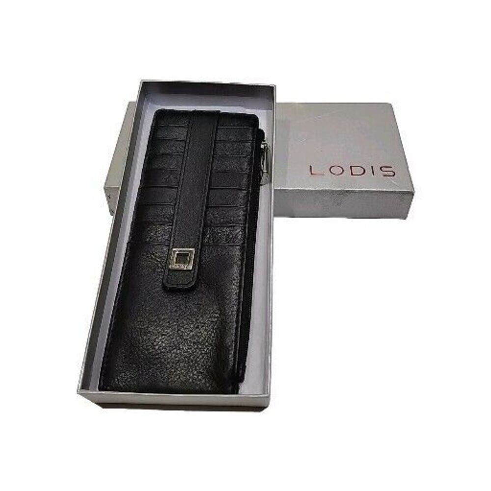 LODIS Slim 8 Credit Card Stacker Wallet Case w Zipper Pocket Black Leather NIB